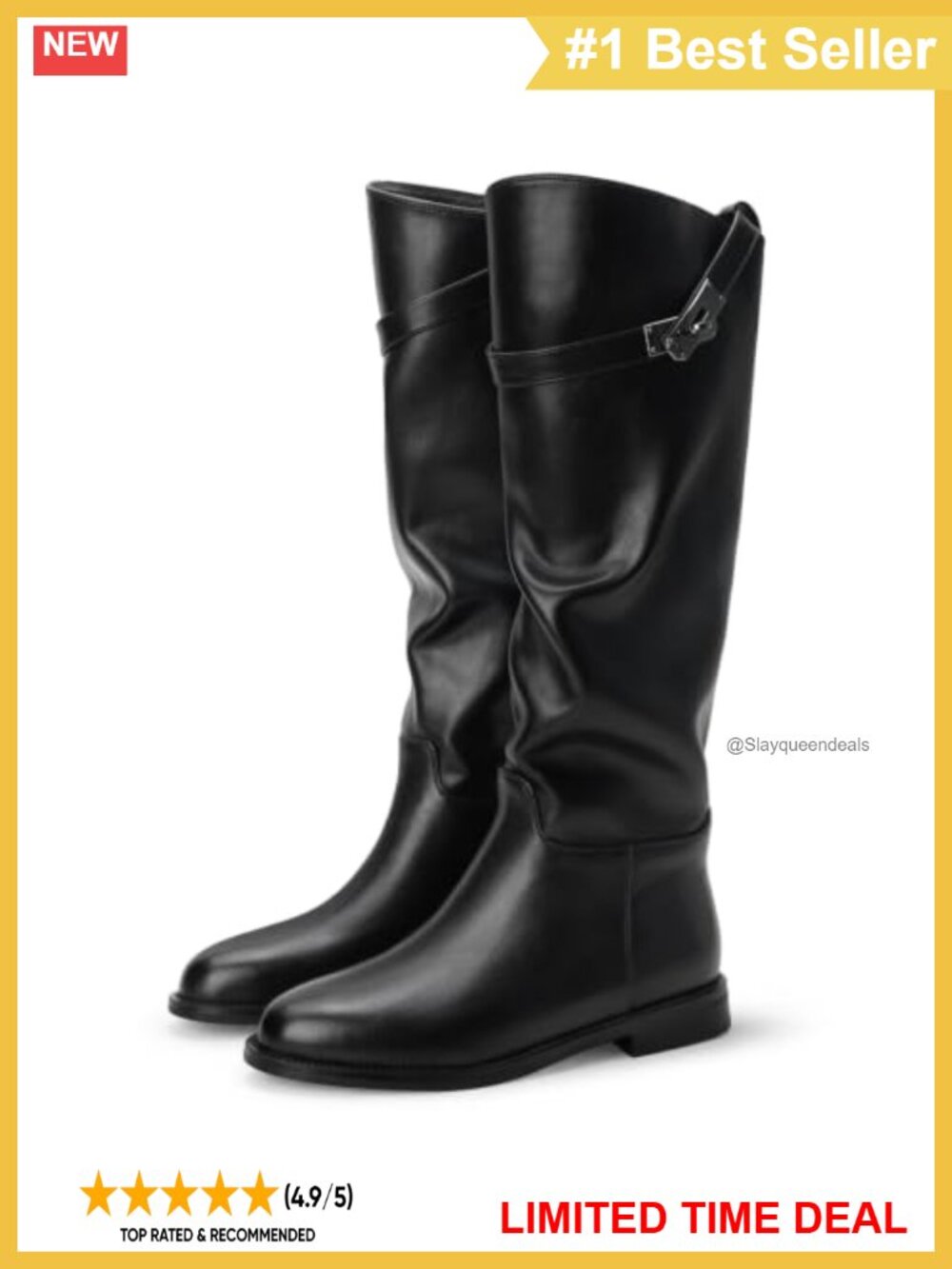 Faux Leather Slouchy Knee High Riding Boots 1" Low Heel Pull-On